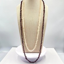 Vintage Boho Red Garnet & Pale Citrine Chip Bead Long Layering Necklace Set 2pc