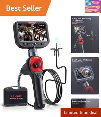 360° Articulating Borescope Dual Lens, 5'' Joystick 4 Ways Industrial Endosco...