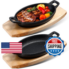 Mifoci 2-Pack Mini Cast Iron Skillets w/ Wooden Bases Fajita Sizzle Platters