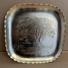 Arthur Armour Hammered Aluminum Gold Tray Tree Church Scene 11-5/8" x 11-5/8"