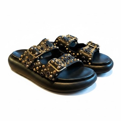 ASH Black Leather Studded Double Strap Buckle Platform Slide Sandals Size 38