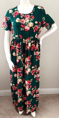 Milly Penzance Floral Short Sleeve Long Maxi Dress Hunter Green Plus 1X 2X 3X 4X