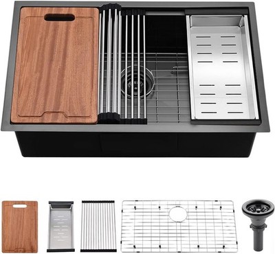 Kitchen Sink 33x19 Undermount Single Bowl 16G Stainless Steel Black Inch Gauge