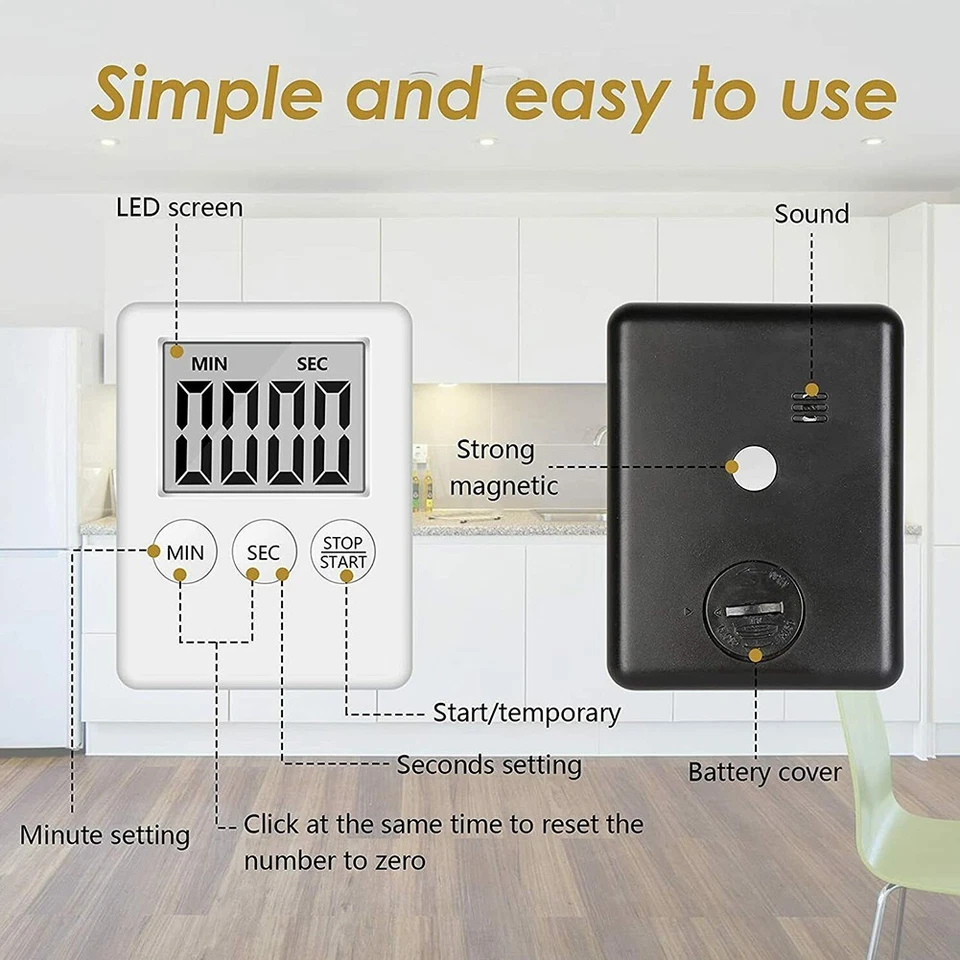 Cucinare Timer LCD Digitale Schermo Orologio Conto Alla Rovescia Magnetico - Immagine 4 di 4