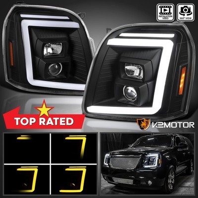 Fits Black 2007-2014 GMC Yukon XL Denali Sequential LED Bar Projector Headlights