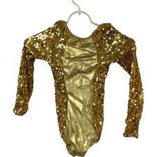 Balera Dance Body Suit Girl's Size SC Long Sleeve Acro Jazz Shorts Gold Sequins