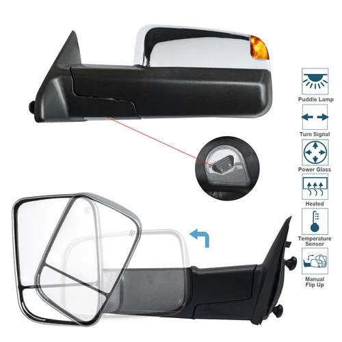 Towing Mirrors Fit 2011 2012 2013 2014 Ram 1500 2500 Power Heated Sensor Chrome