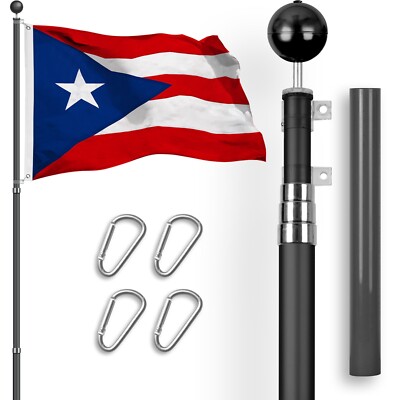 Combo: 16 Ft Telescoping Flagpole Black & Puerto Rico Flag 3x5 Ft Emb Spun Poly