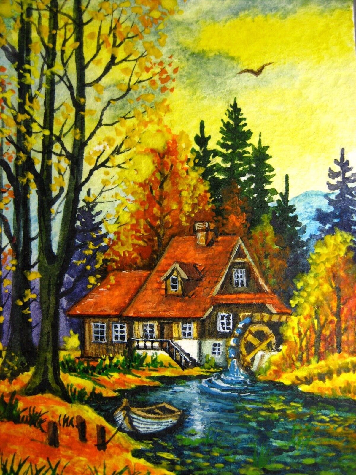 Watercolor Painting Country River House Autumn Forest Nature ACEO Art