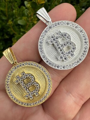 Real 925 Silver 14K Gold Plated Iced Letter B BITCOIN CZ Pendant Necklace HipHop