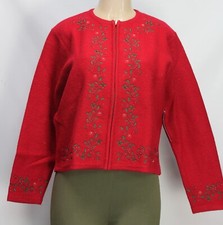 Karen Scott Cardigan Sweater Embroidered Long Sleeve Wool Red Petite Size PL
