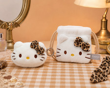 Hello Kitty Leopard Coin Purse Keychain Face Pouch Set Brown Sanrio Korea New