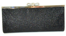 "Black Glitter Bow Clutch Rhinestone Evening Purse with Chain Strap Unbranded