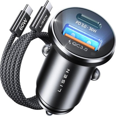 54W Zigarettenanzünder USB C PD&QC3.0 12V USB Adapter Auto Ladegerät mit 60W Kab