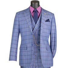 VINCI Men's Blue Windowpane 3 Piece Modern Fit Suit - NEW