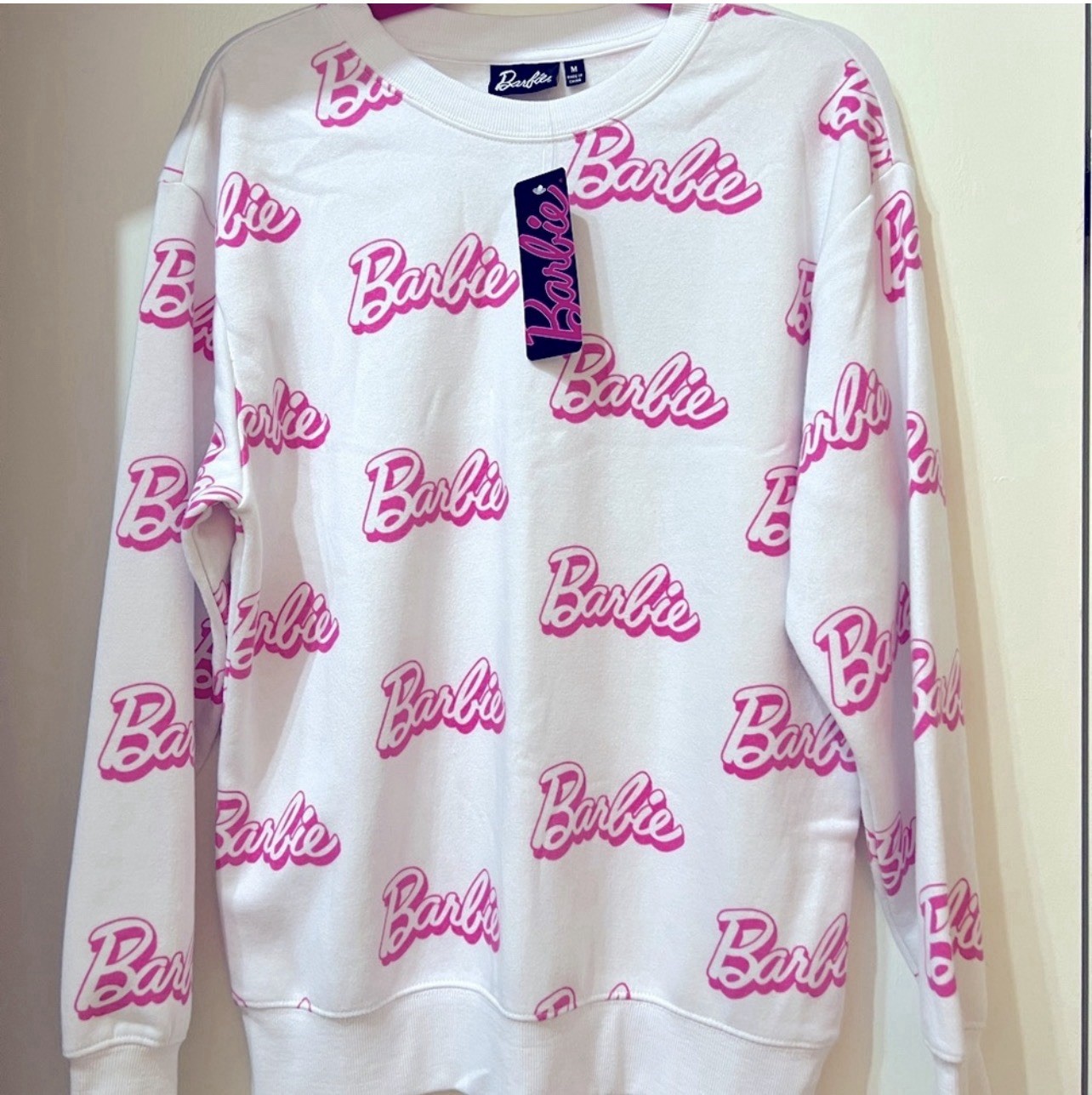 Barbie Logo Pullover Sweatshirt White Pink Women's  size Medium NWT