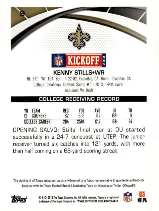 2013 Topps Kickoff #9 Kenny Stills Autographs #/79 - Image 2 of 2