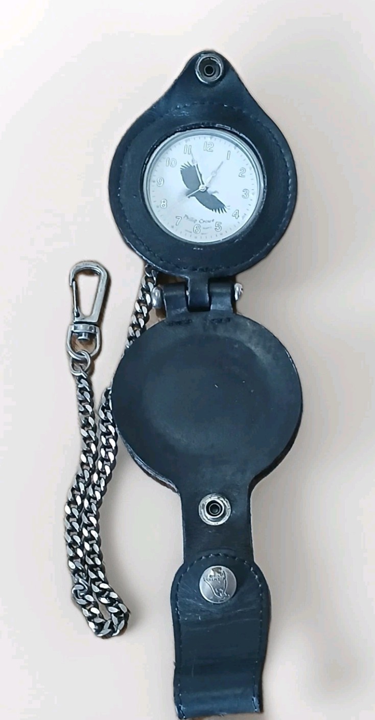 Phillip Crowe Eagle Pocket Watch • Leather Case & Chain • Quartz • Needs Battery