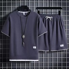 2025 new Summer Men's Waffle Sets Casual T-Shirt And Shorts Set Male Sports Suit