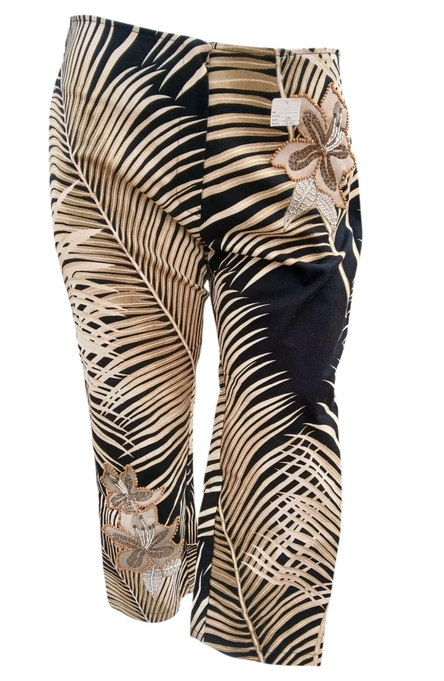 NWT Womens Tropical Palms Capri Pants Sz S 32" W Cotton Black Brown Beaded Bold