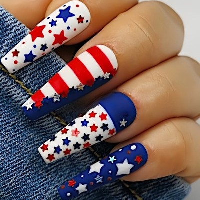 48pcs-USA Star Stripe Press on Nails Coffin Nail Art Set Reusable Handmade