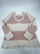 Free People Crochet Knit Sweater Womens Large Beige Pink Songbird Stripe Cotton