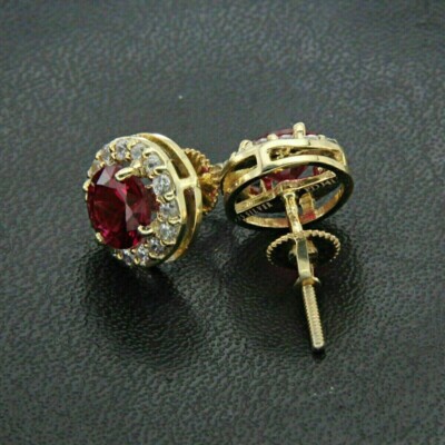 Halo Stud Earrings Red Ruby & Simulated Diamond 14k Yellow Gold Plated 2Ct Round