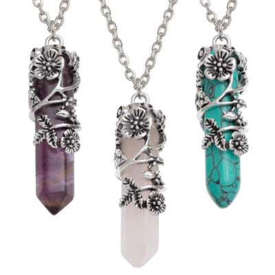 Semi Precious Gemstone Drop Pendant Necklace - Amethyst NG