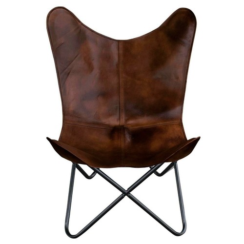 Handmade Vintage Leather Butterfly Chair Arm Relax Folding Sleeper Seat Brown - Afbeelding 1 van 8