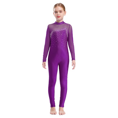 AU Girls Long Sleeve Rhinestone Gymnastics Leotard Ice Skating Jumpsuit Bodysuit - Picture 41 of 91
