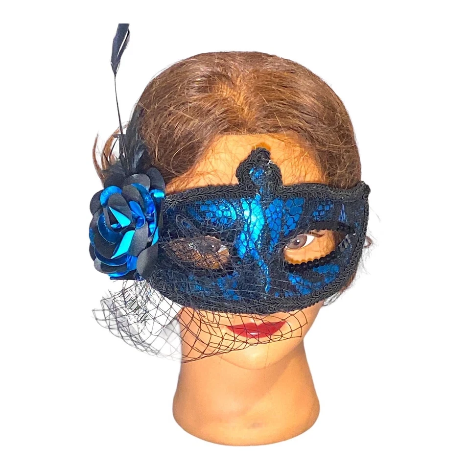 Vintage Mask Womens Teens Girls Venetian Feather Fishnet Masquerade Mardi Gras - Image 2 of 4