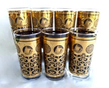 Libbey Mid Century Prudential Rock of Gibraltar Tumblers HiBall 24K Gold Set  7