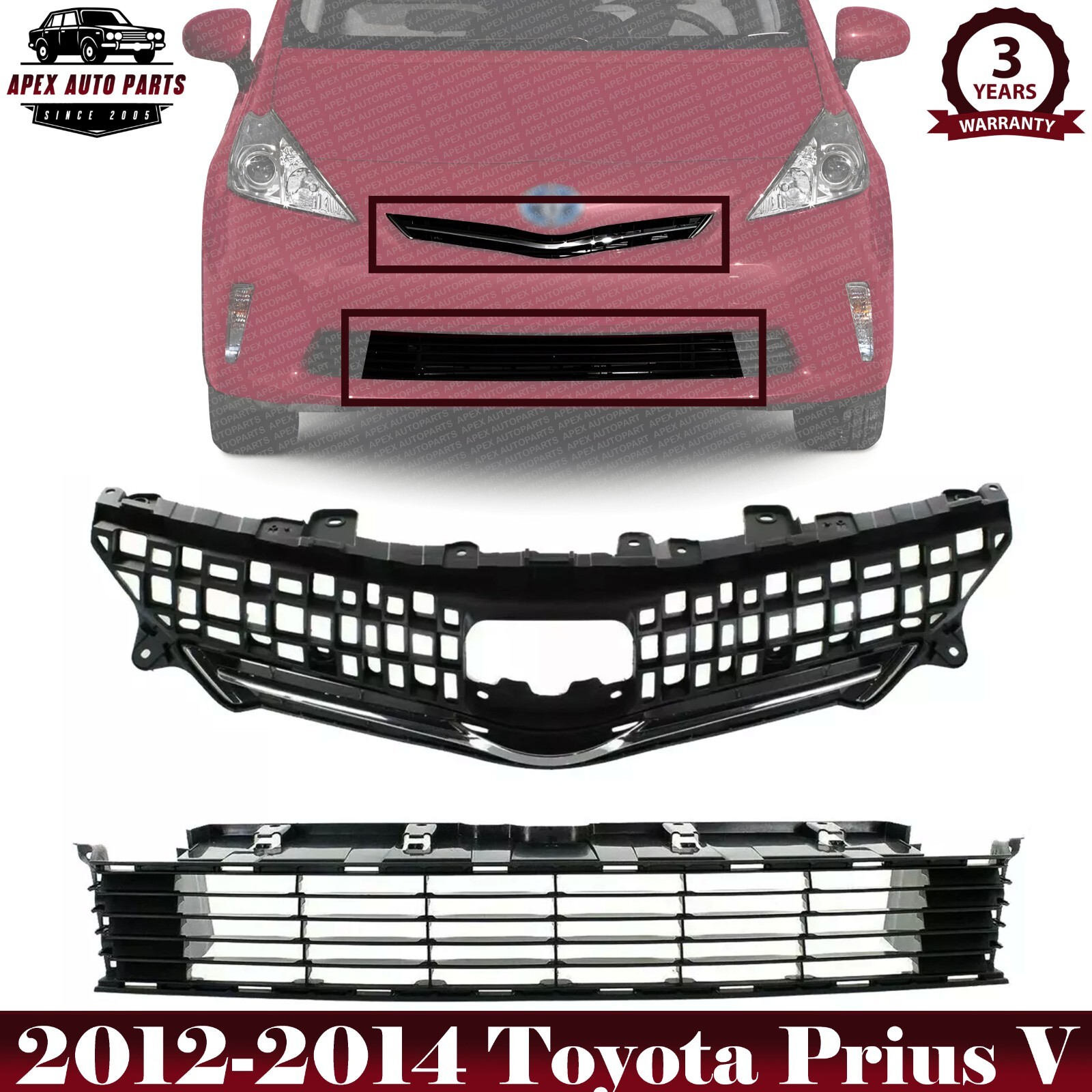 Front Bumper Upper Grille With Chrome Molding & Lower For 2012-14 Toyota Prius V