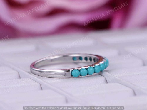 1CT Round Cut Blue Turquoise Half Eternity Wedding Band in 14k White Gold Finish - Picture 4 of 9