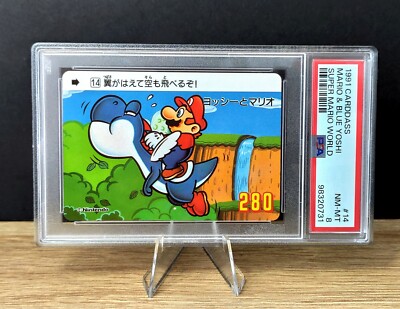 1991 Carddass Vintage Super Mario World #14 Mario Blue Yoshi PSA 8