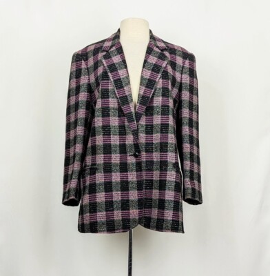Vintage 90s Jacket  Nordstrom Black Plaid Blazer Women's Size 14 Academia Preppy