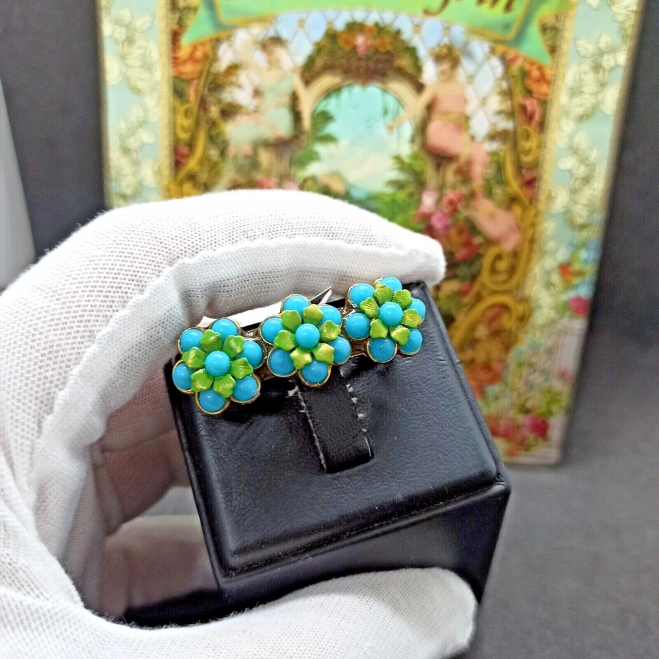 Michal Negrin 发夹绿松石蓝色花朵和绿色珐琅全新带标签礼品盒 — 第 3/4 张图片