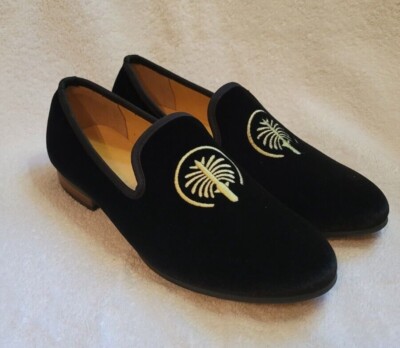 Mens Fancy Dress Shoes Slip On Loafer Black Faux Suede Palm Jumeirah Gold 42