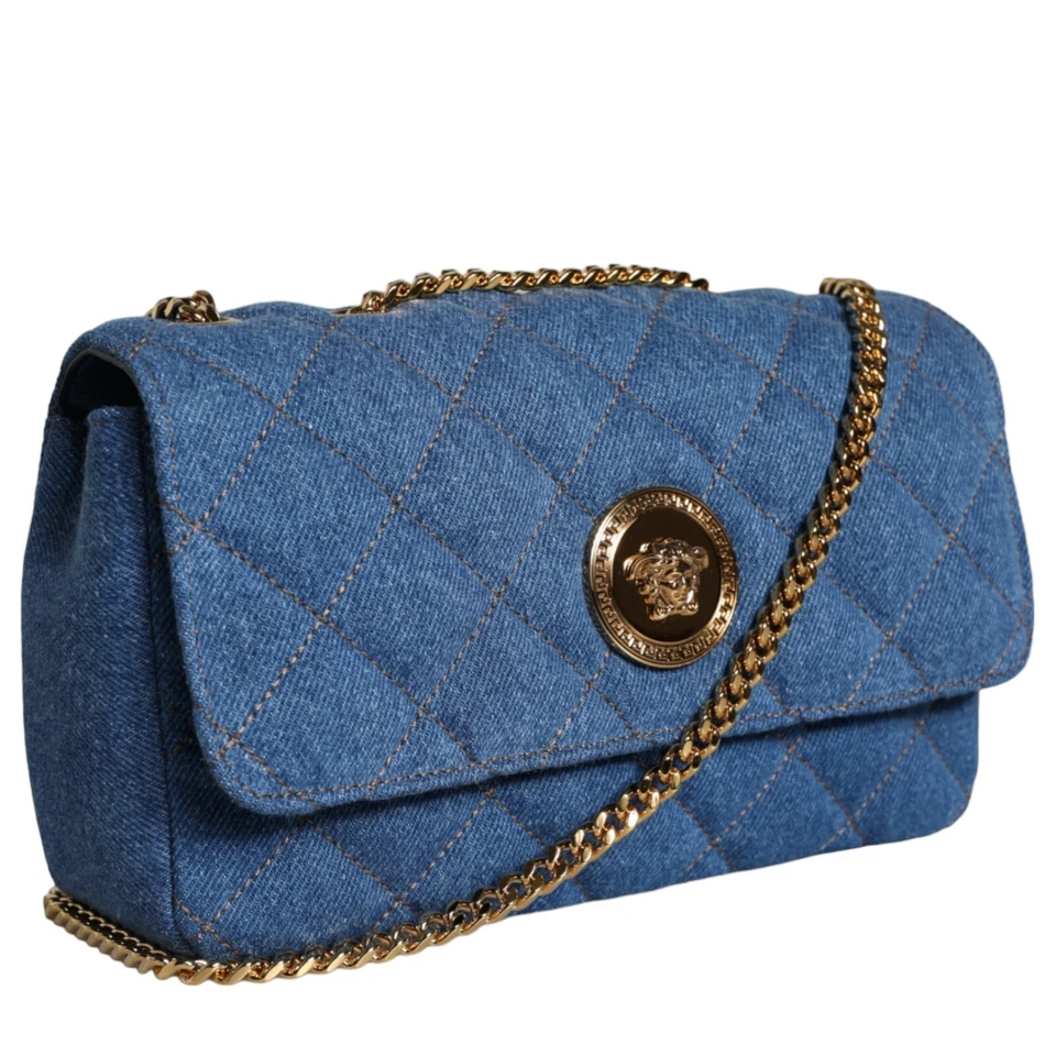 Bolso Bandolera VERSACE Azul Acolchado Denim Cuero Hombro Mujer Borse 1500usd Foto 3 de 4