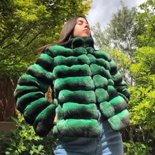 Fashion Women Green Real Rex Rabbit Fur Coats Warm Jackets Natural Fur Outerwear