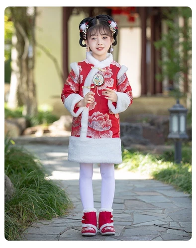 Girls Chinese New Year Clothing Thick Retro Cotton Winter Coat Cheongsam Dress - Picture 4 of 13
