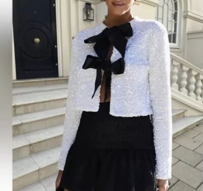 H&M Limited Edition Holiday Short Bow Tie Front Sequin Jacket sz