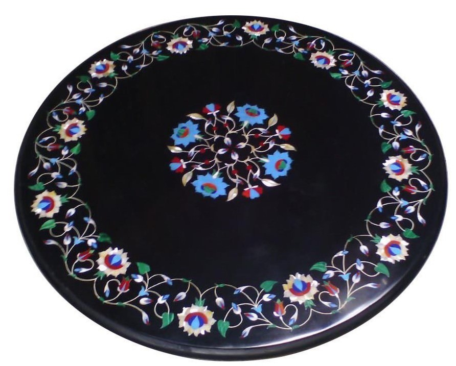 18-Inch Black Marble Coffee Table with Floral Stone Inlay Garden Art  