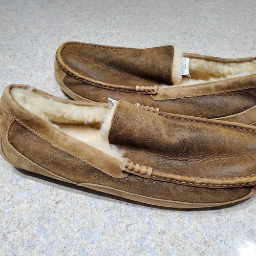 NWOB MENS 18 CHESTNUT UGG ASCOT BOMBER LEATHER LINED LOAFERS SLIPPERS 1008391 - Picture 2 of 7