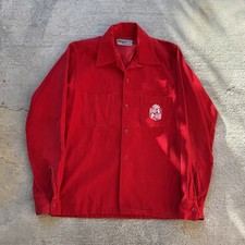 Vintage 60s Red Corduroy Button Up Shirt Embroidered Loop Collar
