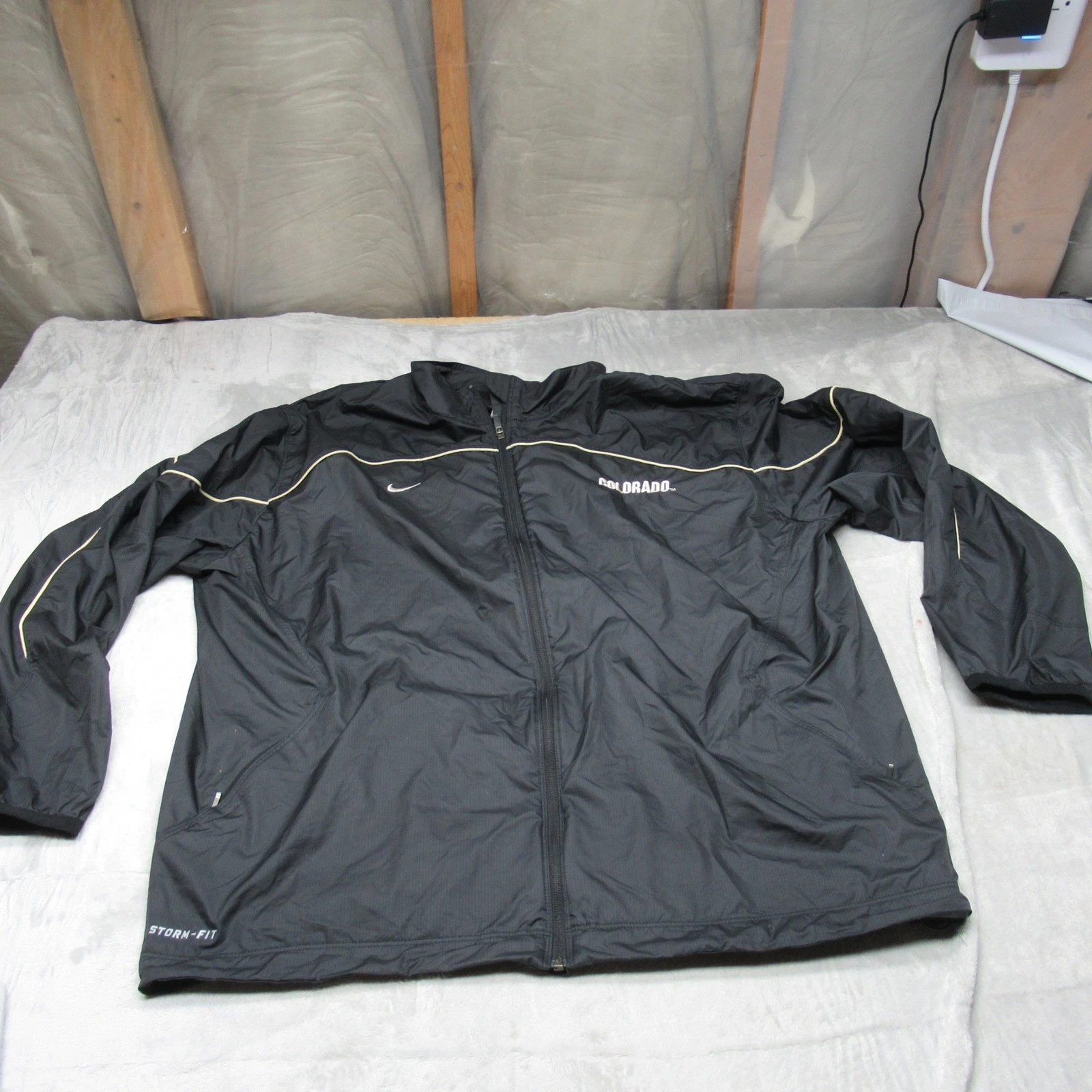 NIKE Jacket Men XXL Black Storm-FIT Lightweight Rain Wind Hood Full Zip LOGO Y2K