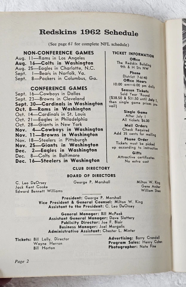 1962 Washington Redskins Media Guide NFL Football Norm Snead VTG Press Roster - Image 4 of 4