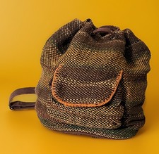 Handwoven Boho Backpack Bag Brown Multicolor Ethnic Woven Drawstring Purse