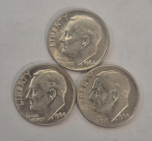 Lot of 3 ~ 1964 D, 90% Silver Roosevelt Dimes. Good Condition!