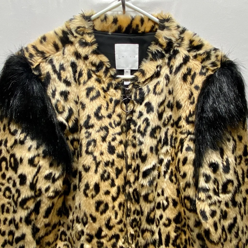 Abrigo Leith de piel sintética para mujer XL negro marrón estampado de leopardo forrado felpa cremallera completa EC Foto 2 de 4